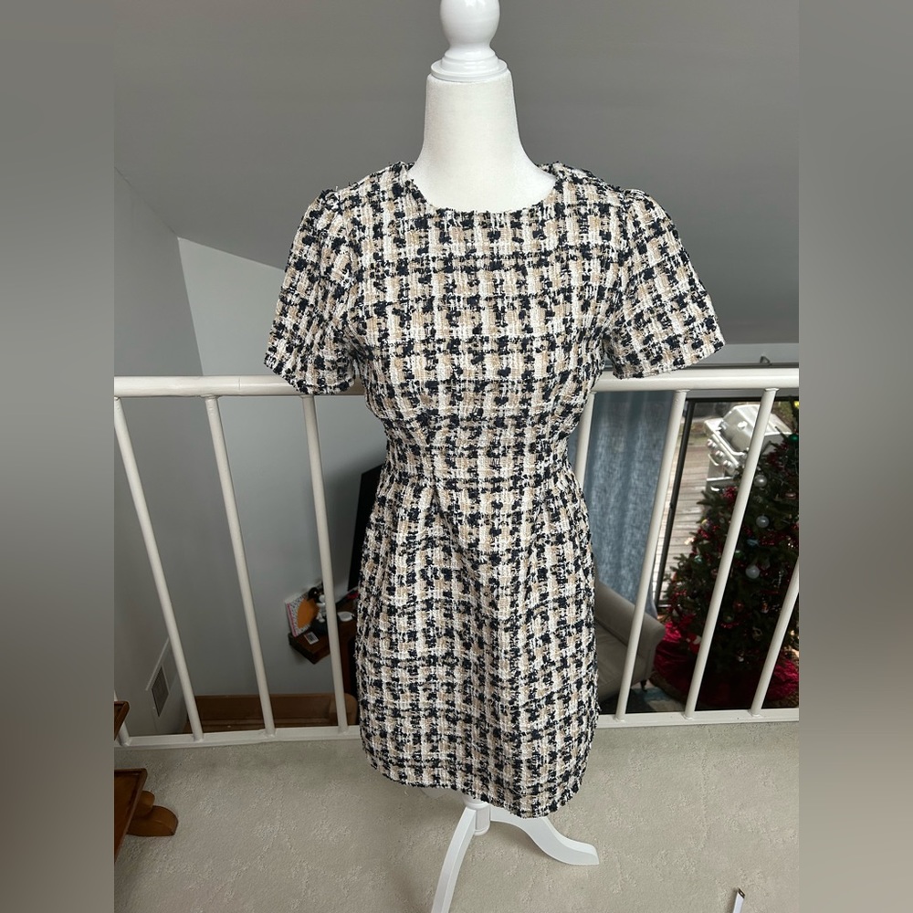 Limi kawaii Japan tweed dress Barbiecore navy tan office gyaru fitted tailored